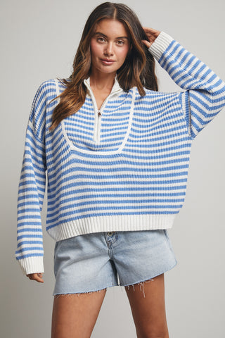 Coastal & White Striped Half-Zip Sweater