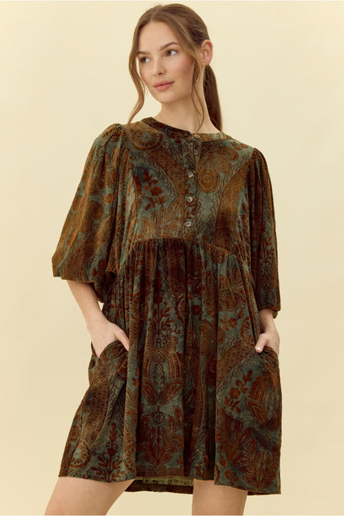 Dusty Green Velvet Jacquard Dress