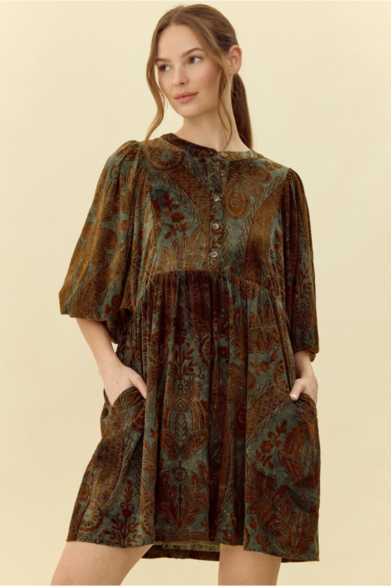 Dusty Green Velvet Jacquard Dress