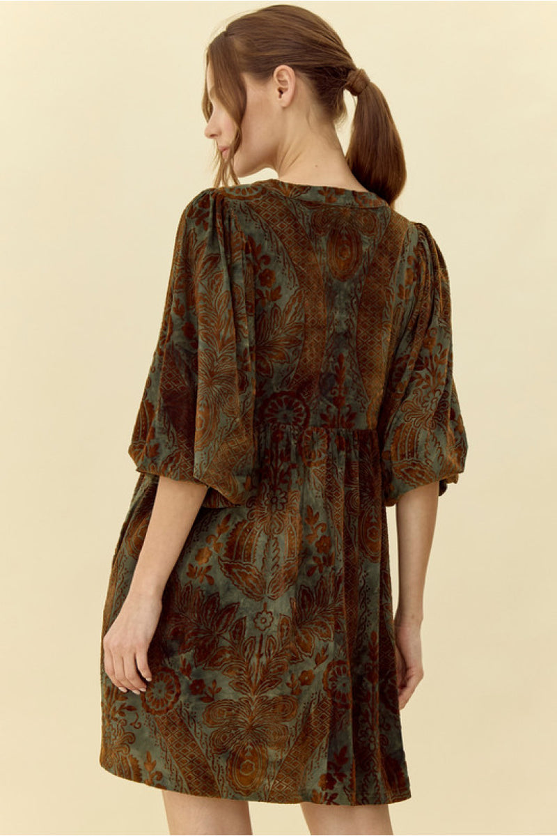 Dusty Green Velvet Jacquard Dress