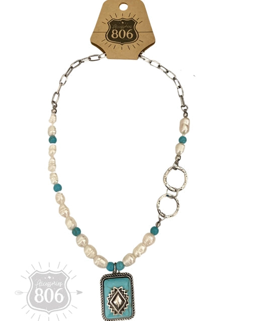 Chain and Pearl Necklace with Aztec Stone Pendant