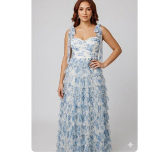 B smart Blue and White Ruffled Tie-Shoulder Maxi Dress size 0-lisa#3