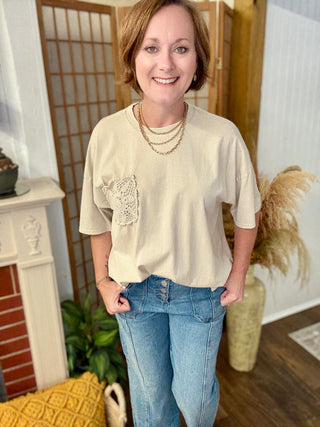 Light Khaki Crochet Pocket Mineral Wash Tee