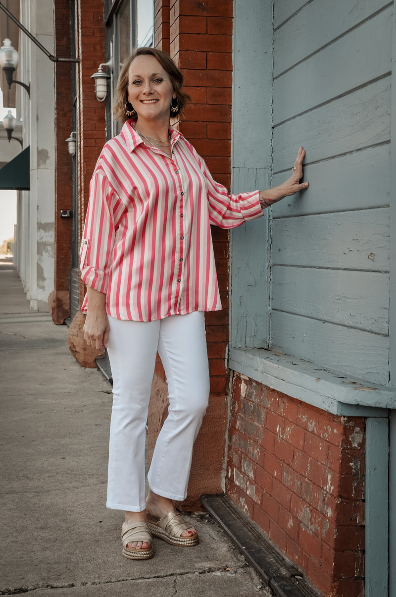 Pink Stripe Button Up Top