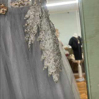 GB Gray Tulle Ball Gown prom dress with Gold Embellishment-lisa#1