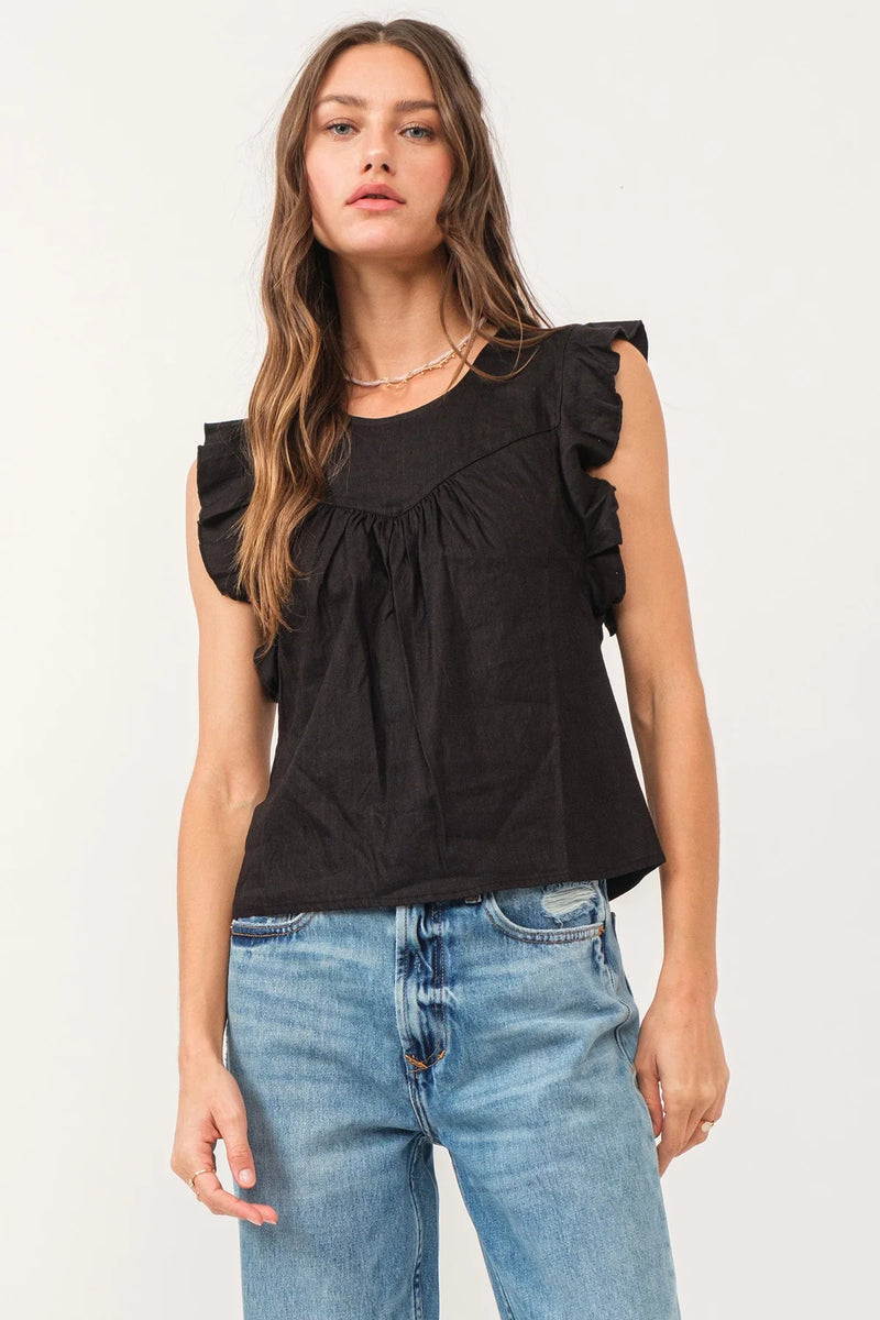 Another Love Anelia Black Linen Petal Sleeve Top