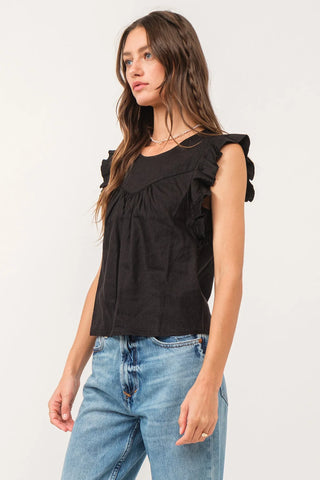 Another Love Anelia Black Linen Petal Sleeve Top