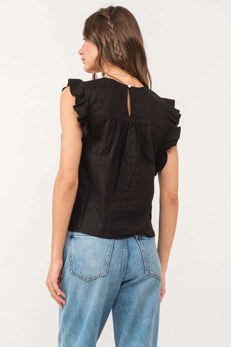 Another Love Anelia Black Linen Petal Sleeve Top