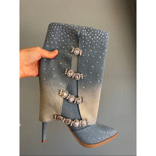 Thalia Sodi Blue/Beige Ombre Crystal-Embellished Denim High-Heel Boots W8M