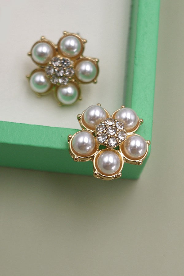 Pearl Rhinestone Flower Stud Earrings