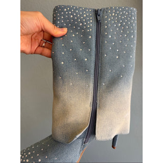 Thalia Sodi Blue/Beige Ombre Crystal-Embellished Denim High-Heel Boots W8M