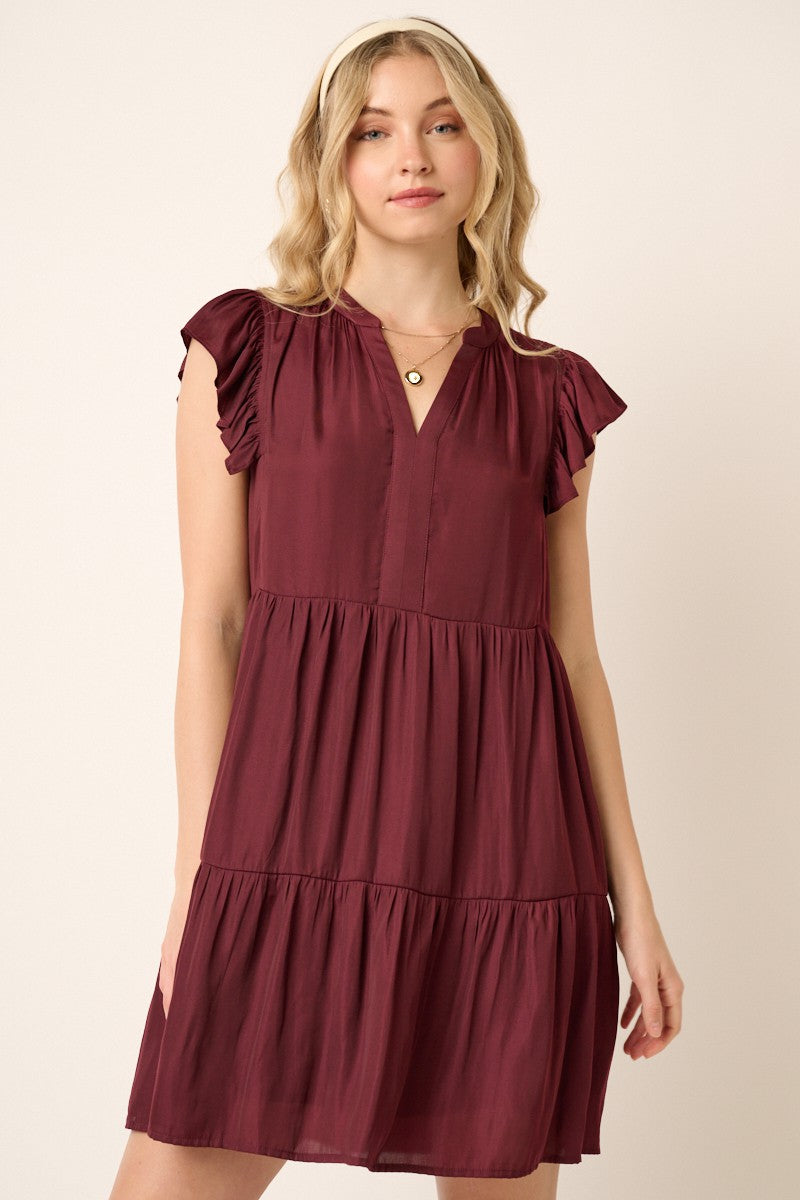 Burgundy Satin Tiered Dress