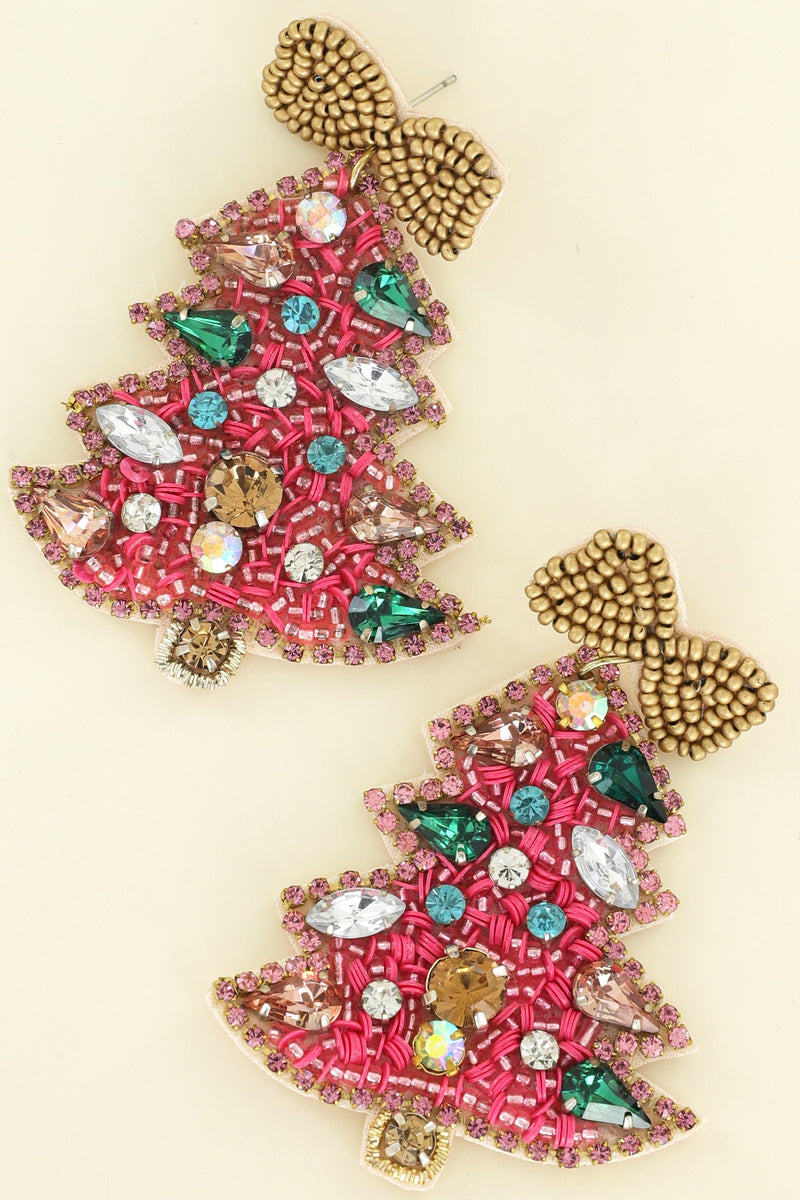 Pink Christmas Tree Beaded Earrings