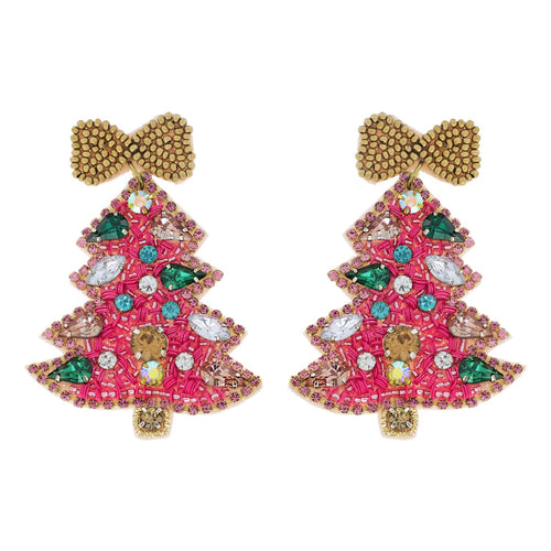 Pink Christmas Tree Beaded Earrings