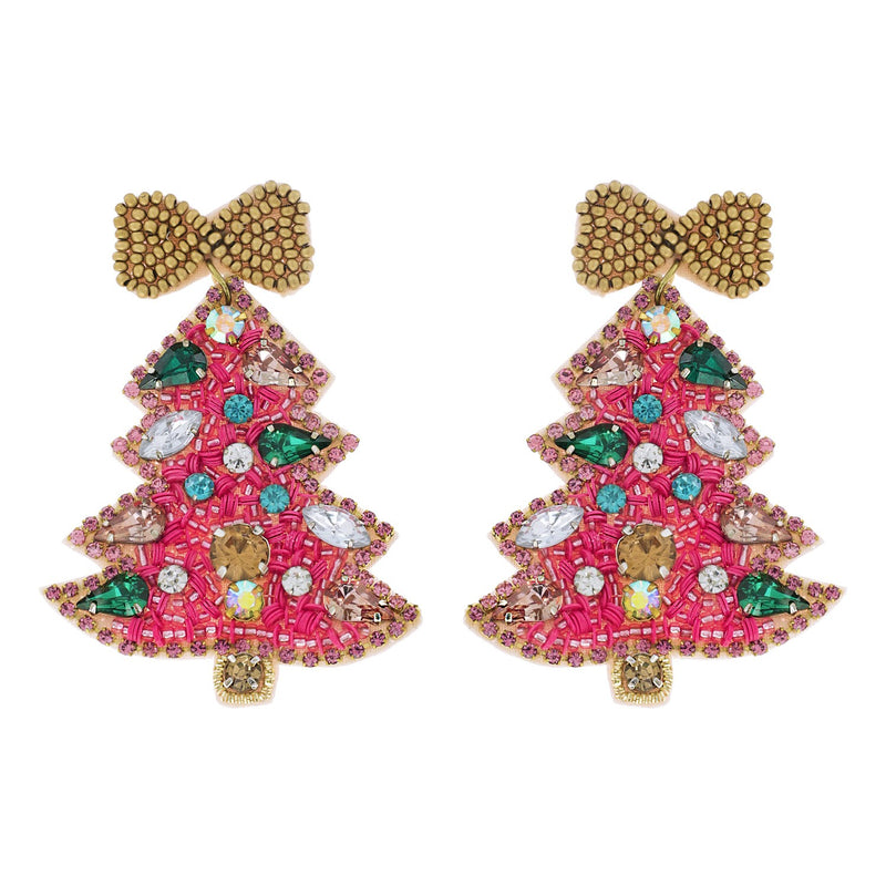 Pink Christmas Tree Beaded Earrings