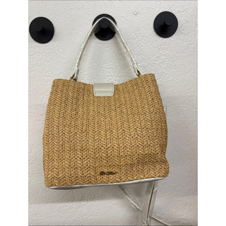 Betsey Johnson Pearl-Embellished Woven satchel Bag in Tan