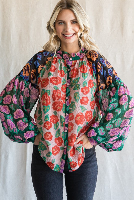 Floral Colorblock Balloon Sleeve Top
