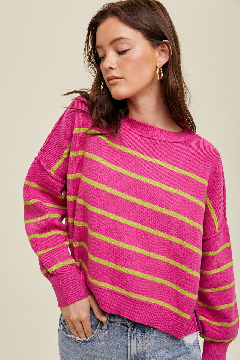 Magenta & Lime Relaxed Sweater w/Side Slits