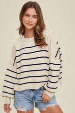 Cream & Navy Relaxed Sweater w/Side Slits