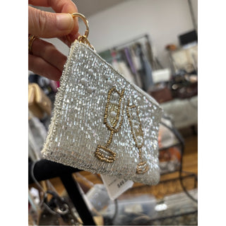 ON 34TH Beaded Silver Champagne Coin bag purse key chain bag charm
