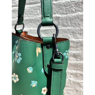 Coach Green Floral Leather Shoulder Bag Bucket Crossbody