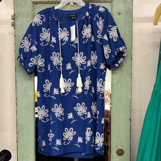 Karen Kane Blue Floral embroidered cotton Tassel dress