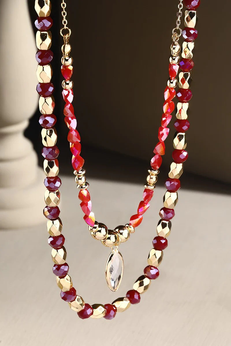 Layered Red Beaded Necklace with Crystal Drop Pendant