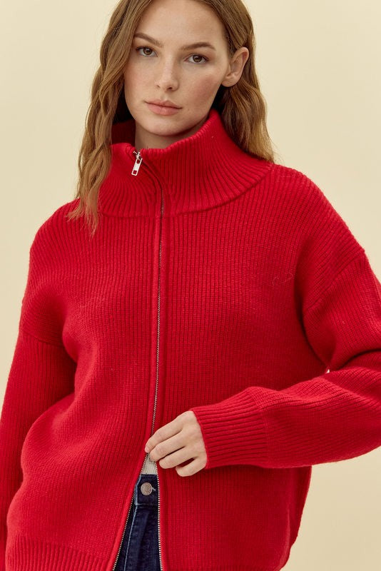 Red Ribbed 2-Way Zip Cardigan