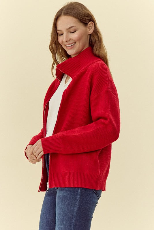 Red Ribbed 2-Way Zip Cardigan