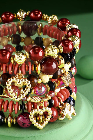 Red Multi-Bead Stretch Bracelet with Charms