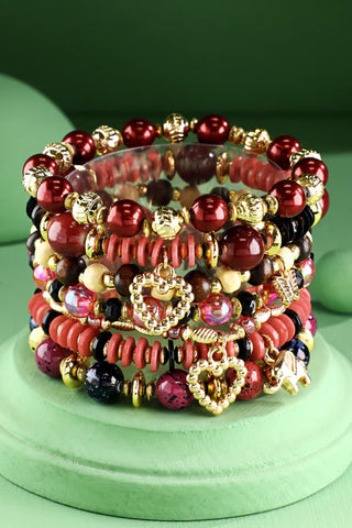 Red Multi-Bead Stretch Bracelet with Charms