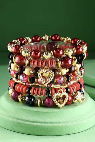 Red Multi-Bead Stretch Bracelet with Charms