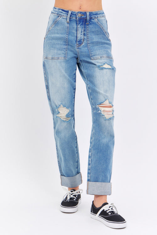 Judy Blue High Rise Patch Pocket Destroyed Boyfriend Jeans