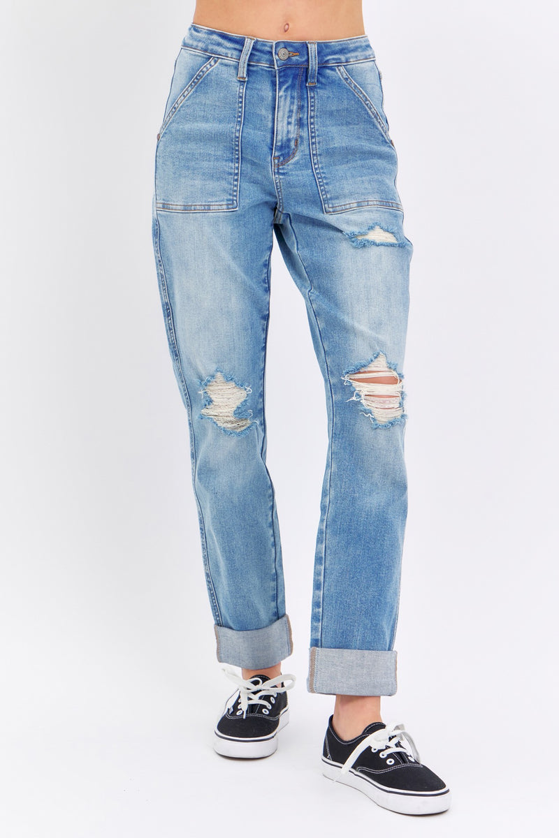 Judy Blue High Rise Patch Pocket Destroyed Boyfriend Jeans