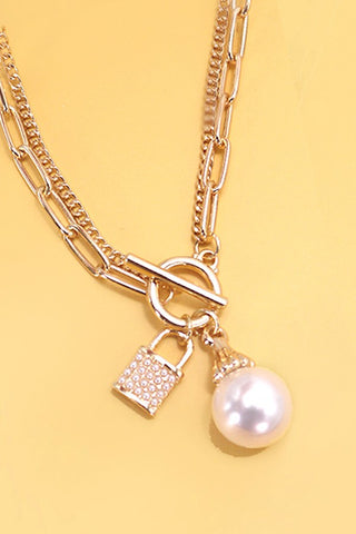 Pearl Lock Charm Layered Necklace