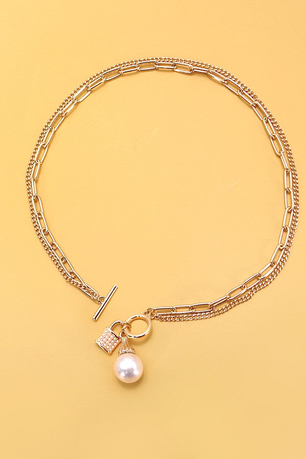 Pearl Lock Charm Layered Necklace