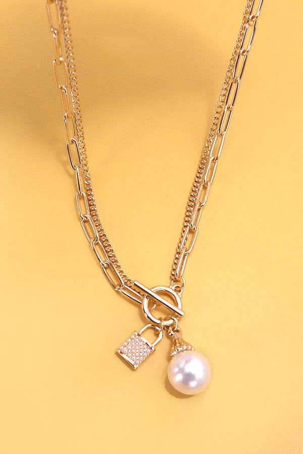 Pearl Lock Charm Layered Necklace