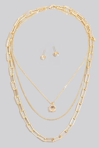 Faceted Gem Pendant Layered Chains Necklace Set