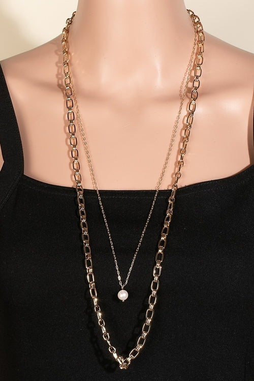 Pearl Charm Long Layered Chain Necklace