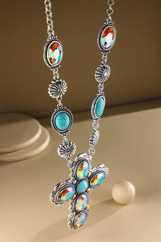 Western Turquoise Crystal Cross Necklace Set