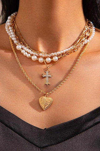 Cross Heart Charm Layered Pearl Necklace