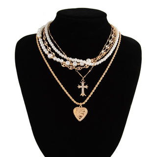 Cross Heart Charm Layered Pearl Necklace