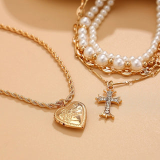 Cross Heart Charm Layered Pearl Necklace