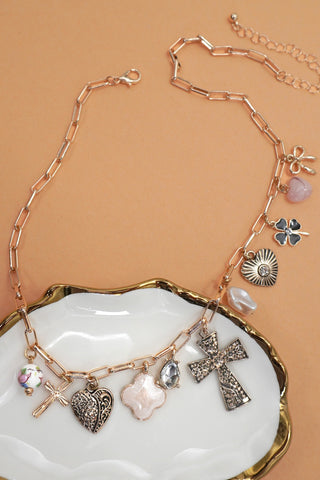 Charm Necklace Clover Cross Heart Bow Porcelain