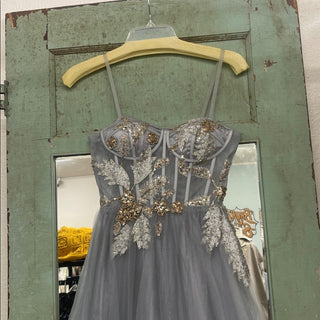 GB Gray Tulle Ball Gown prom dress with Gold Embellishment-lisa#1