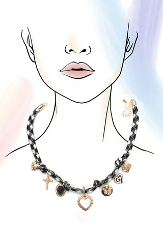 Double Cord Heart Cross Stone Charm Necklace