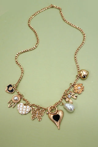Heart Bow Pearl Flower Charm Necklace