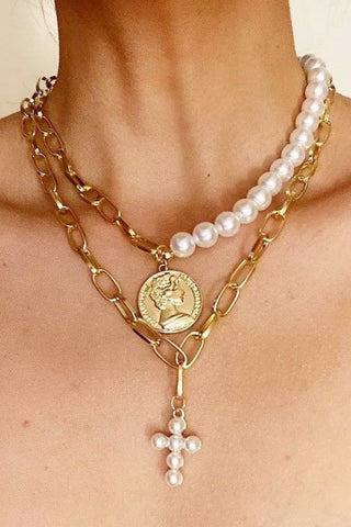 Pearl Cross Coin Charm Necklace