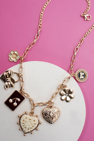 Charm Necklace Bow Cherry Heart Flower