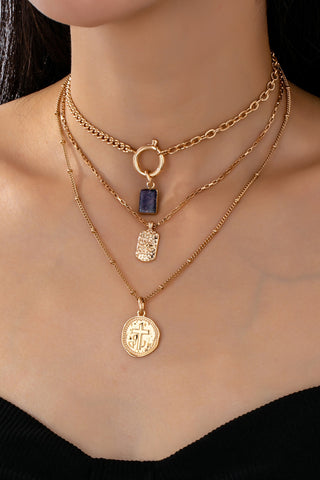 Layer Celestial Cross Blue Stone Charm Necklace